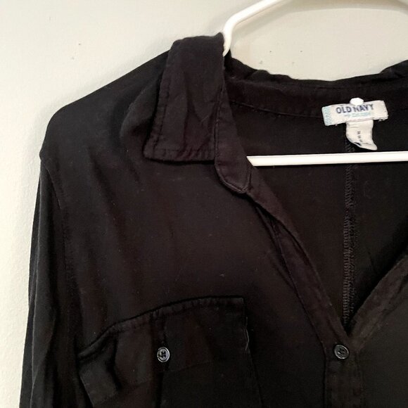 Old Navy black long sleeved button down shirt rayon comfortable casual collared - Picture 2 of 5
